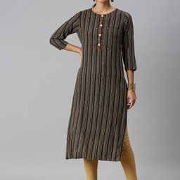 SHOWOFF Striped Printed Thread Work Cotton Straight Kurta-image-31