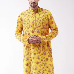 VASTRAMAY Men Yellow Floral Printed Silk Blend Kurta-picture-40