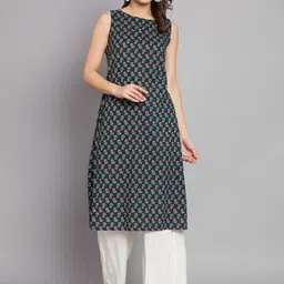KALINI Floral Printed Round Neck Cotton Straight Kurta-image-39