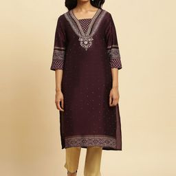 W Purple Floral Yoke Design Sequinned Straight Kurta-image-55