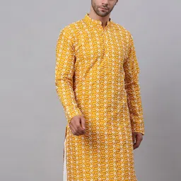 Jompers Men Mustard Yellow Floral Embroidered Mirror Work Kurta-image-84