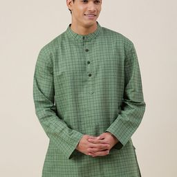 Fabindia Men Green Checked Linen A- Line Kurta-picture-10