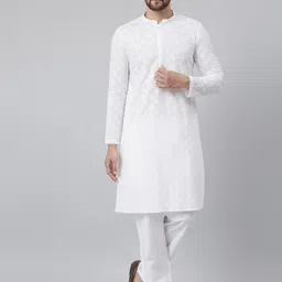See Designs Men White Embroidered Regular Chikankari Pure Cotton Kurta with Pyjamas-picture-14