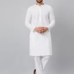 See Designs Men White Floral Embroidered Regular Chikankari Pure Cotton Kurta with Pyjamas-image-56