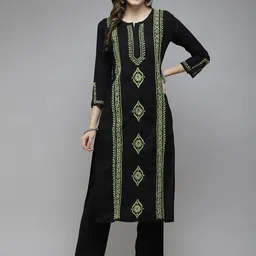 ADA Women Black & Green Ethnic Motifs Embroidered Chikankari Handloom Handloom Kurta-23