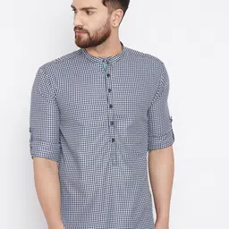 even Men Navy Blue & White Checked Straight Kurta-image-77