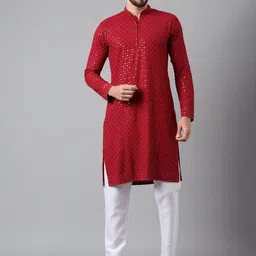 Sangria Maroon Ethnic Embroidered Mandarin Collar Cotton Silk Sequinned Straight Kurta-picture-19