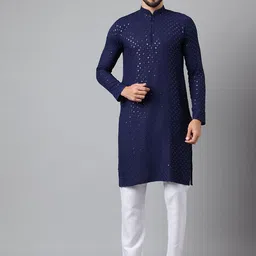 Sangria Embroidered Sequinned Mandarin Collar Cotton Silk Kurta-picture-21