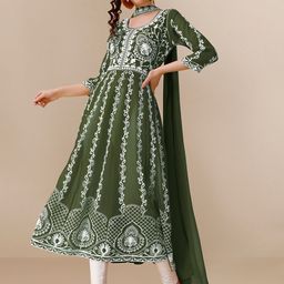 HERE&NOW Green & White Ethnic Motifs Embroidered Chikankari Kurta & Dupatta-picture-42
