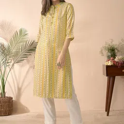 Anouk Yellow Striped Mandarin Collar Chanderi Silk Straight Kurta-picture-48