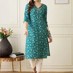 Anouk Floral Printed V-Neck Chanderi Silk Straight Kurta-picture-57