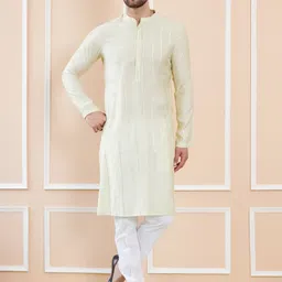 See Designs Mandarin Collar Striped Thread Work Chanderi Silk Straight Kurta-picture-21