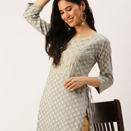 SHOWOFF Women Grey Ethnic Motifs Printed Kurta-58