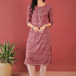 Anouk Pink Ethnic Motifs Printed Round Neck Thread Work Batik Cotton A-Line Kurta-5