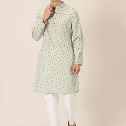 HERE&NOW Green & Black Floral Printed Band Collar Pure Cotton Straight Kurta-image-85