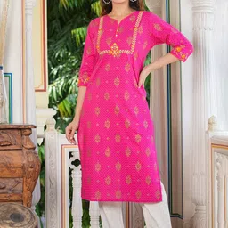 KALINI Floral Printed Round Neck Thread Work Cotton Straight Kurta-image-48