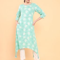 Soch Women Turquoise Blue & Cream-Coloured Floral Printed Kurta-picture-24