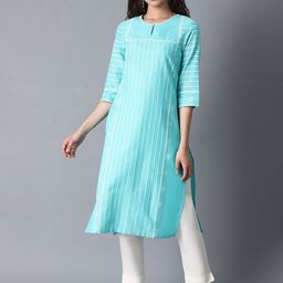 W Women Green & White Striped Thread Work Kurta-image-31