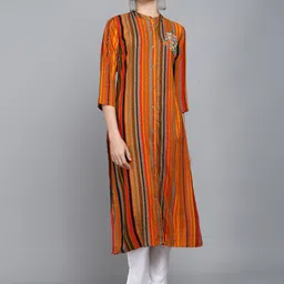 Anouk Red Striped Mandarin Collar Straight Kurta-13