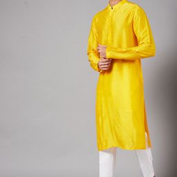HILO DESIGN Mandarin Collar Long Sleeve Straight Thread Work Silk Kurta-image-74