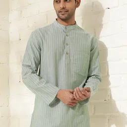 Fabindia Striped Band Collar Cotton Straight Kurta-picture-44