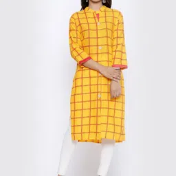 SOUNDARYA Checked Mandarin Collar Regular Cotton Kurta-8