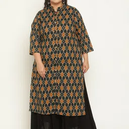 Sringam Plus Size Ethnic Motifs Printed Mandarin Collar Cotton Kurta-picture-16