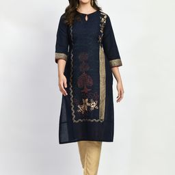 KALINI Floral Printed Keyhole Neck Cotton Straight Kurta-image-76