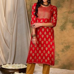 Indo Era Ethnic Motifs Printed Round Neck Kurta-image-83