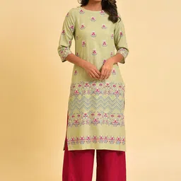 W Green & Pink Floral Printed Straight Kurta-picture-40