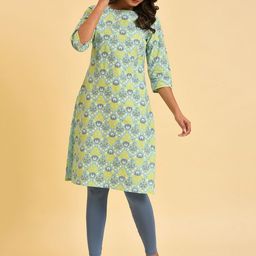 W Green & Yellow Ethnic Motifs Printed Pure Cotton Kurta-image-40