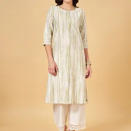 RANGMANCH BY PANTALOONS Striped Three-Quarter Sleeves Round Neck Sequinned Kurta-0