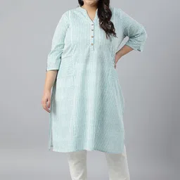 AURELIA Plus Size Striped Band Collar Panelled Straight Pure Cotton Kurta-image-4