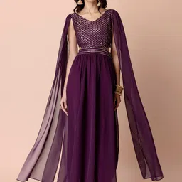 INDYA Women Embroidered Cape Sleeves Georgette Ethnic Dress-image-91