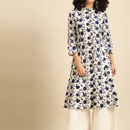 anayna Women White & Navy Blue Ethnic Motifs Screen Print Cotton Kurta-40