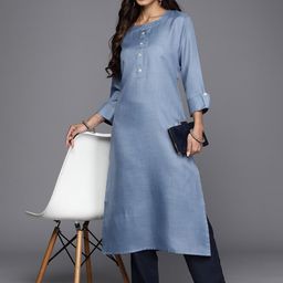 Anouk Blue Roll-Up Sleeves Pure Cotton Straight Kurta-image-75