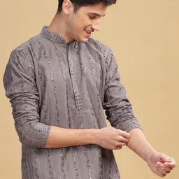 Anouk Grey Ethnic Embroidered Mandarin Collar Sequinned Lucknowi Cotton Straight Kurta-18