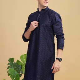 Anouk Blue Ethnic Embroidered Mandarin Collar Sequinned Lucknowi Cotton Straight Kurta-33