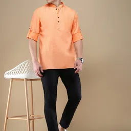 Anouk Peach-Coloured Mandarin Collar Roll-Up Sleeves Cotton Straight Kurta-picture-18