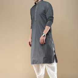 Anouk Striped Mandarin Collar Long Sleeves Cotton Thread Work Kurta-image-23