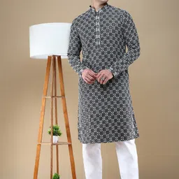 Anouk Black Ethnic Motifs Embroidered Mandarin Collar Chikankari Straight Kurta-image-62