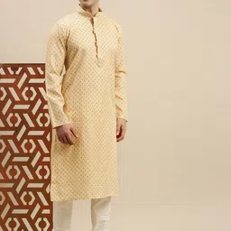 Sanwara Men Yellow Geometric Printed Cotton Pastels Kurta-image-13