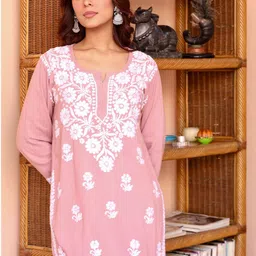 HOUSE OF KARI Floral Embroidered Round Neck Thread Work Straight Chikankari Kurta-38