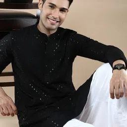 Anouk Floral Woven Design Mandarin Collar Sequins Chikankari Straight Kurta-image-58