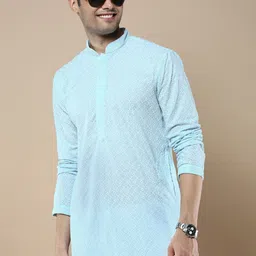 Anouk Blue Ethnic Motifs Embroidered Mandarin Collar Chikankari Straight Kurta-picture-43