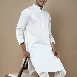 Anouk Off White Geometric Woven Design Mandarin Collar Cotton Silk Straight Kurta-image-22