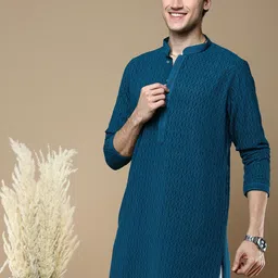 Anouk Blue Ethnic Motifs Woven Design Thread Work Mandarin Collar Chikankari Kurta-image-69