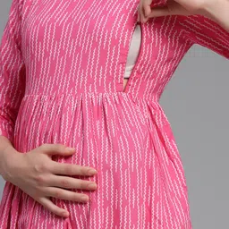 KALINI Geometric Printed Fit and Flare Midi Maternity And Feeding Dress-image-31