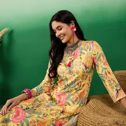 Sangria V Neck Floral-Printed Straight Kurta-image-8