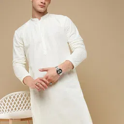Anouk Off White Geometric Embroidered Mandarin Collar Chikankari Cotton Straight Kurta-picture-36